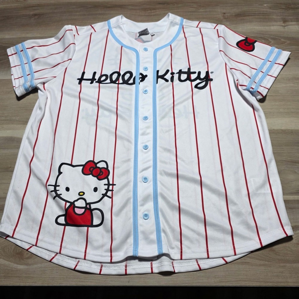 Hello Kitty Baseball Jersey Womens‎ 2XL White Pinstripe Sanrio Button Up Shirt